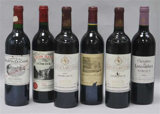Six assorted red wines including Clos Rene, Pomerol, 1994, Chateau Hortin Ducasse, 1988 and two Chateau Lascombes, Margaux, 2000.